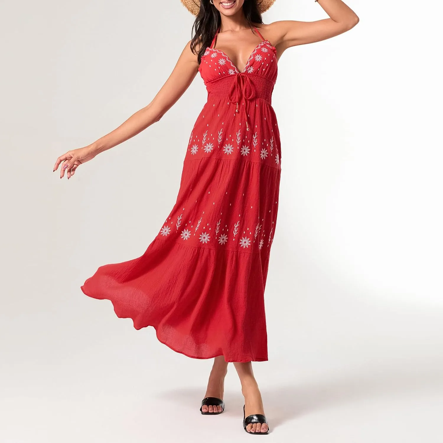 Women Summer Casual Long Flower Embroidery Tie-Up Halter Neck Sleeveless Fashion Backless A-line Dress