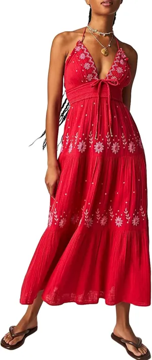 Women Summer Casual Long Flower Embroidery Tie-Up Halter Neck Sleeveless Fashion Backless A-line Dress