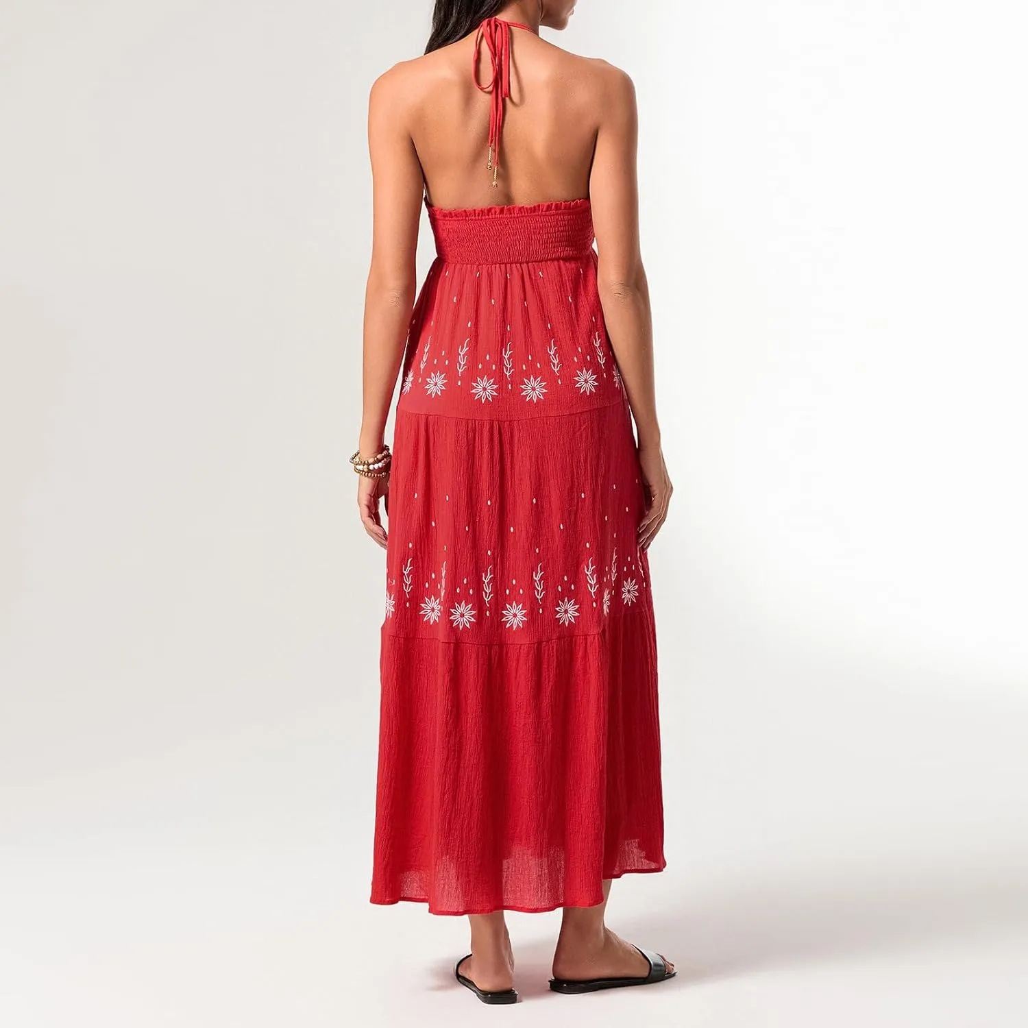Women Summer Casual Long Flower Embroidery Tie-Up Halter Neck Sleeveless Fashion Backless A-line Dress