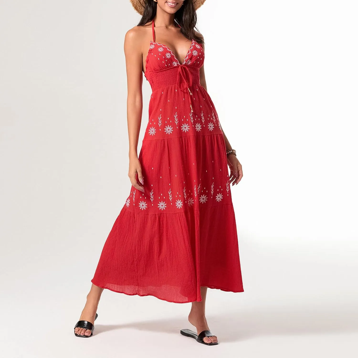 Women Summer Casual Long Flower Embroidery Tie-Up Halter Neck Sleeveless Fashion Backless A-line Dress
