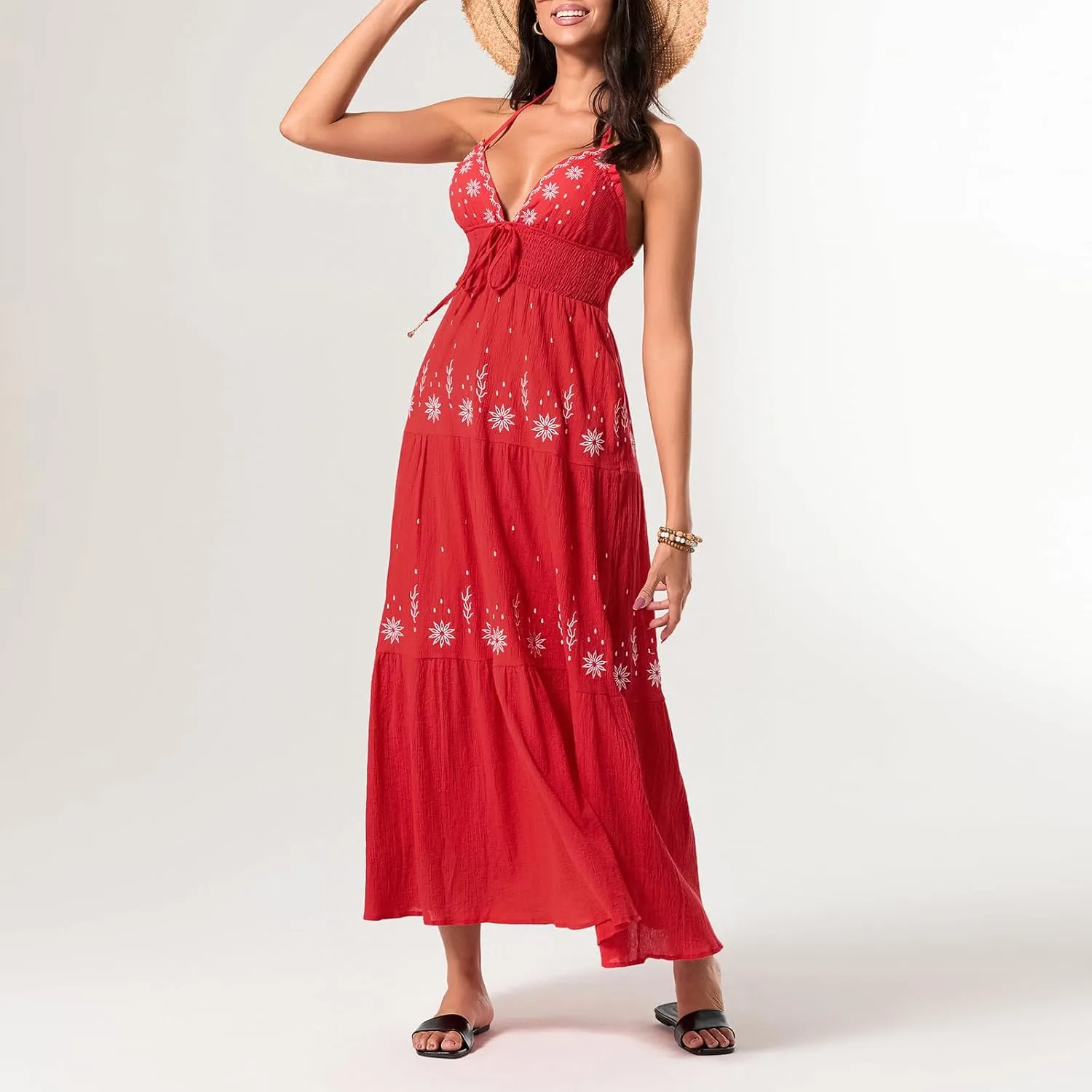 Women Summer Casual Long Flower Embroidery Tie-Up Halter Neck Sleeveless Fashion Backless A-line Dress
