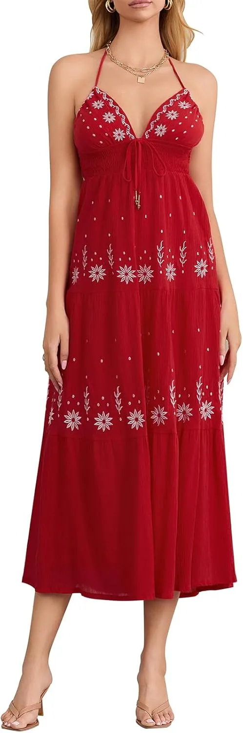 Women Summer Casual Long Flower Embroidery Tie-Up Halter Neck Sleeveless Fashion Backless A-line Dress