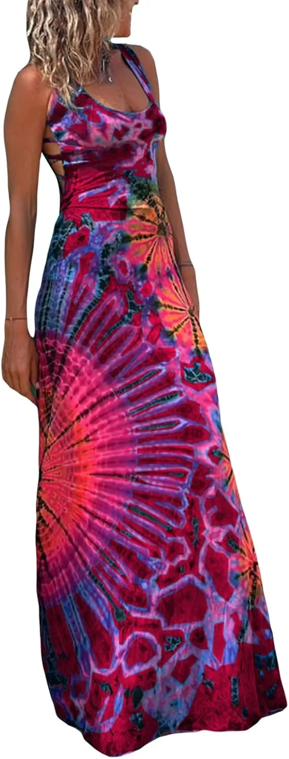 Women Summer Casual Long Tie-Dye Print U-Neck Sleeveless Fashion Cross Backless Dress