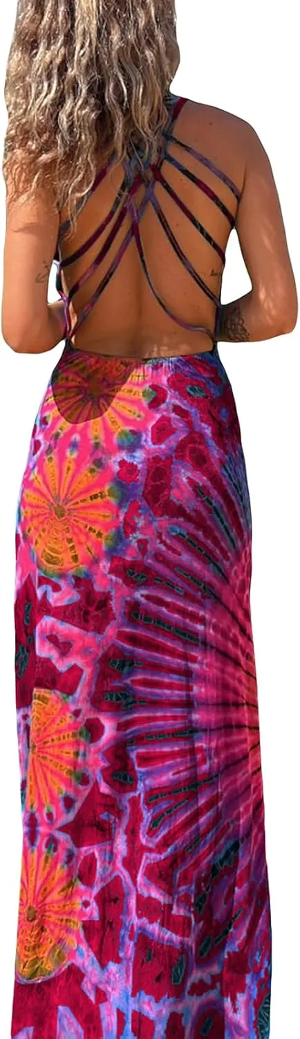 Women Summer Casual Long Tie-Dye Print U-Neck Sleeveless Fashion Cross Backless Dress