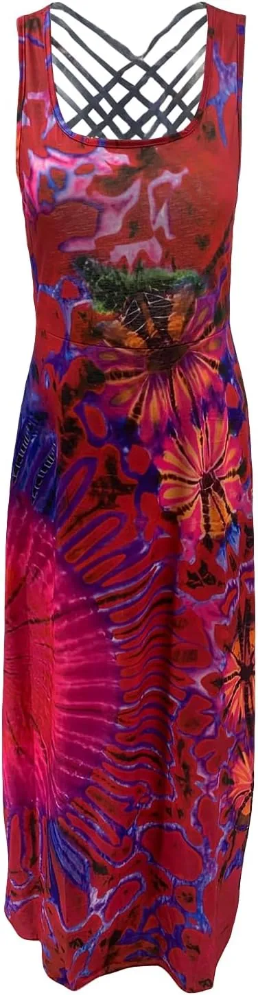 Women Summer Casual Long Tie-Dye Print U-Neck Sleeveless Fashion Cross Backless Dress