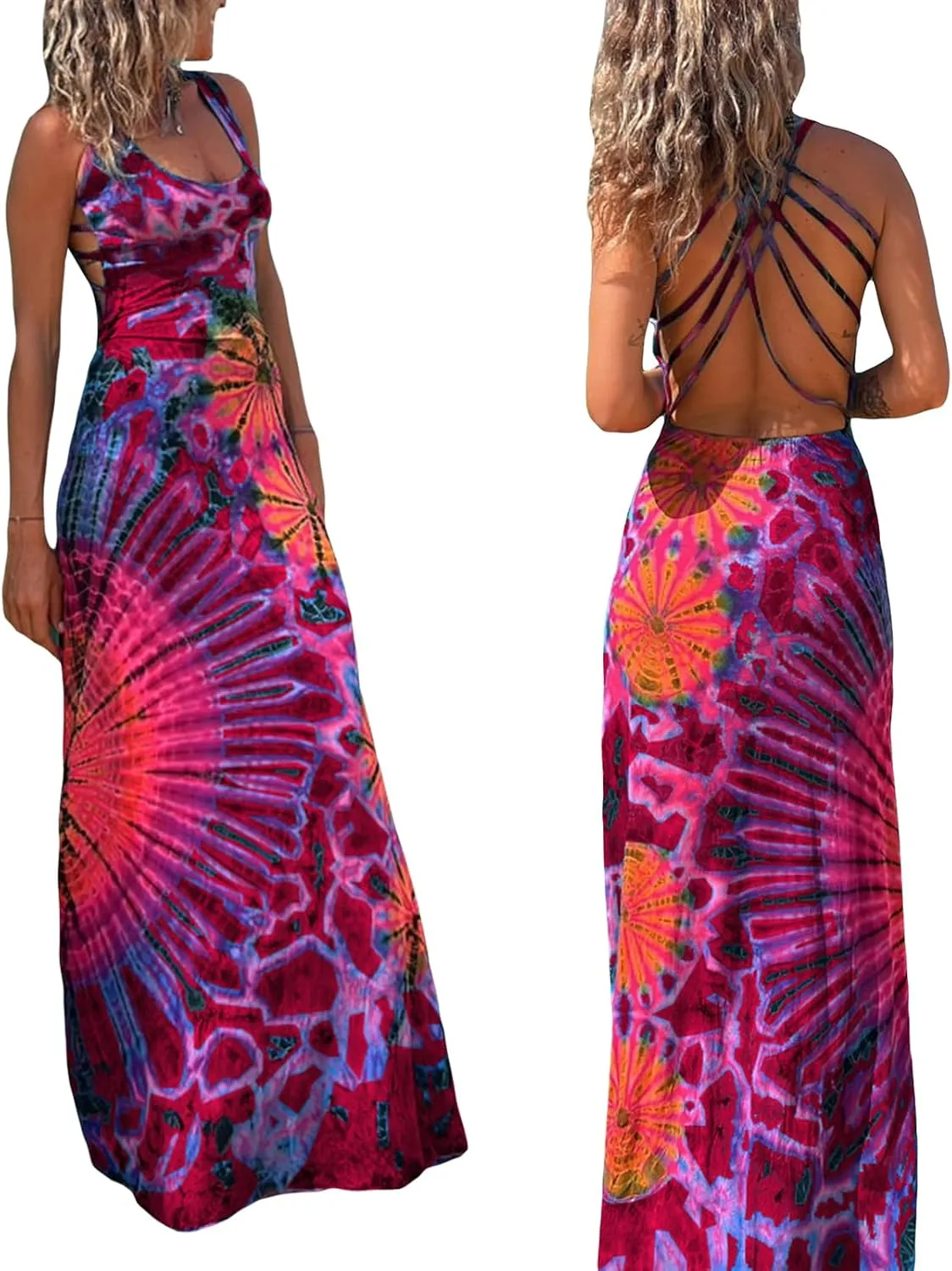 Women Summer Casual Long Tie-Dye Print U-Neck Sleeveless Fashion Cross Backless Dress