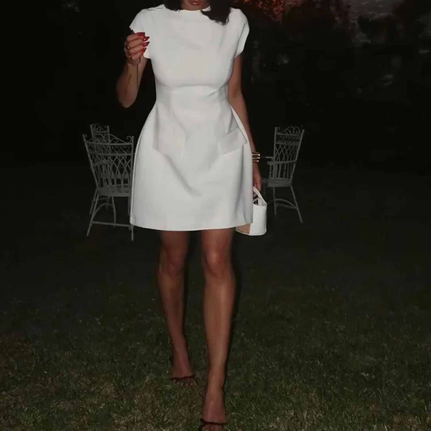 Women Vintage Mock Neck Flare Mini Dress Summer Short Sleeve A-line Swing Dress Cocktail Prom Dress
