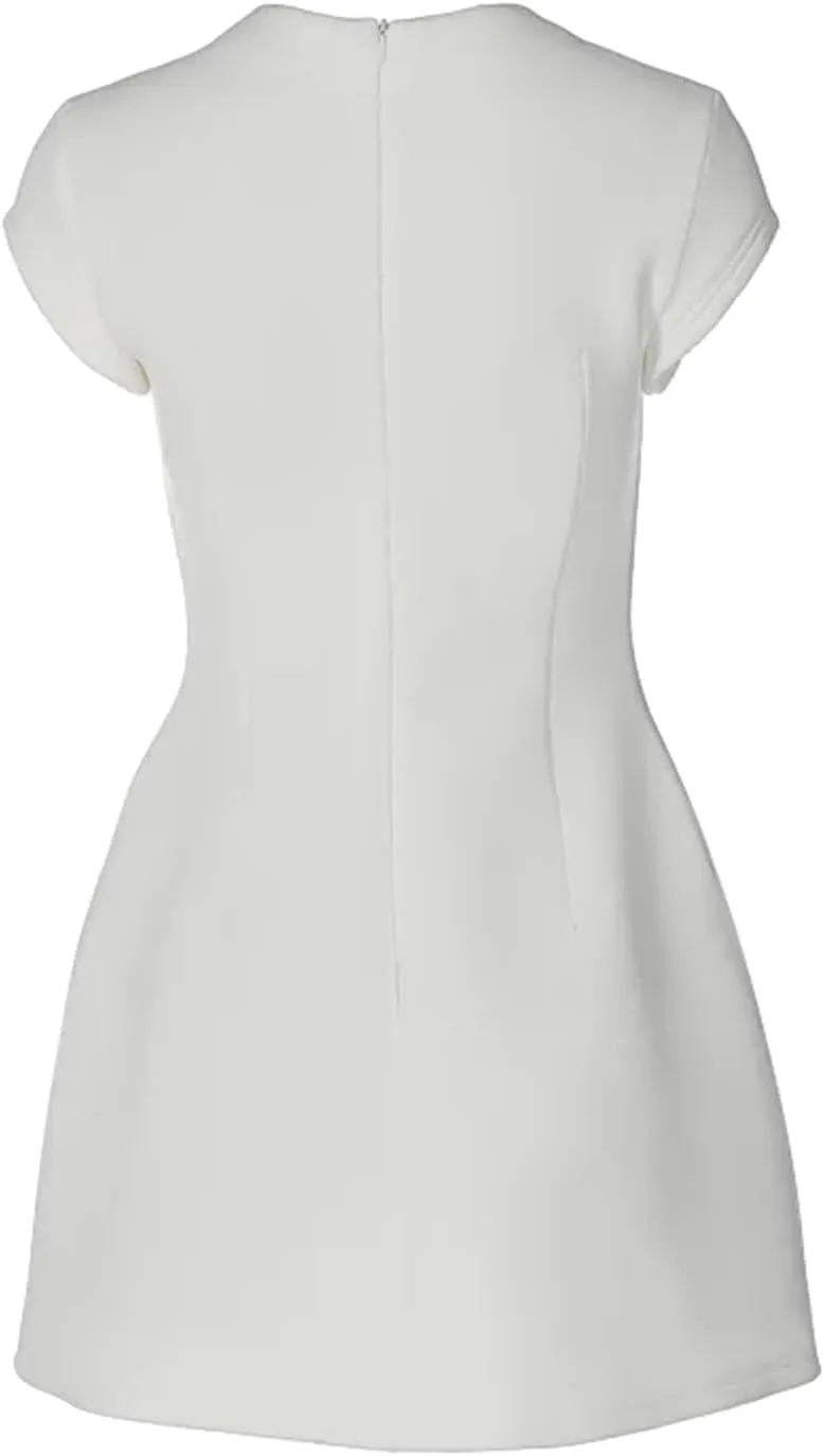 Women Vintage Mock Neck Flare Mini Dress Summer Short Sleeve A-line Swing Dress Cocktail Prom Dress