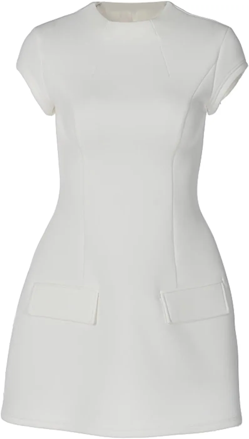 Women Vintage Mock Neck Flare Mini Dress Summer Short Sleeve A-line Swing Dress Cocktail Prom Dress