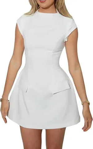 Women Vintage Mock Neck Flare Mini Dress Summer Short Sleeve A-line Swing Dress Cocktail Prom Dress