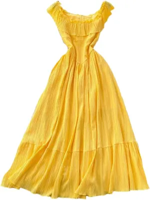 Women Vintage Ruffle Spliced Long Dresses Solid Color Vacation Short Sleeves Slim Fit Sundress