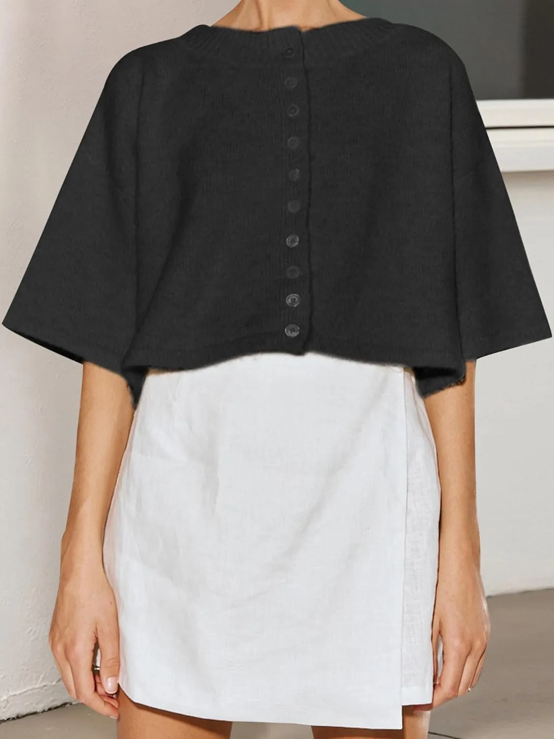 Women Y2k Knitted Crop Cardigan Short Sleeve Button Up Ribbed Knit Sweater Fall Winter Going Out Sweater