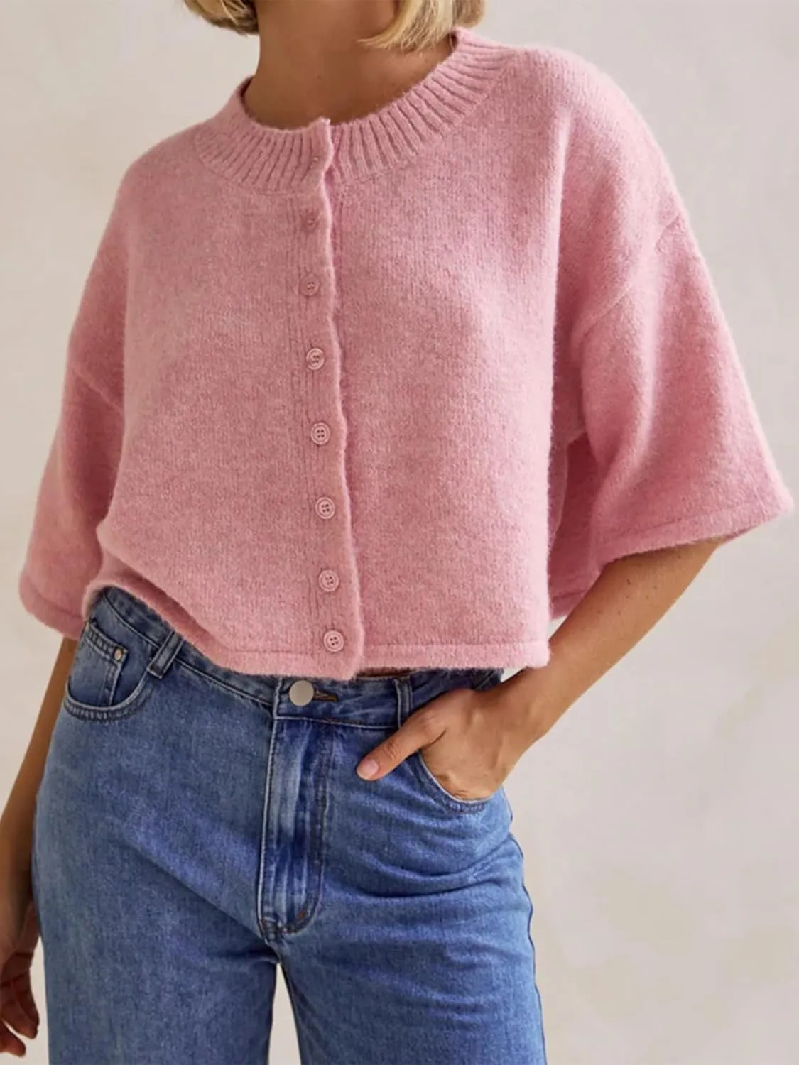 Women Y2k Knitted Crop Cardigan Short Sleeve Button Up Ribbed Knit Sweater Fall Winter Going Out Sweater