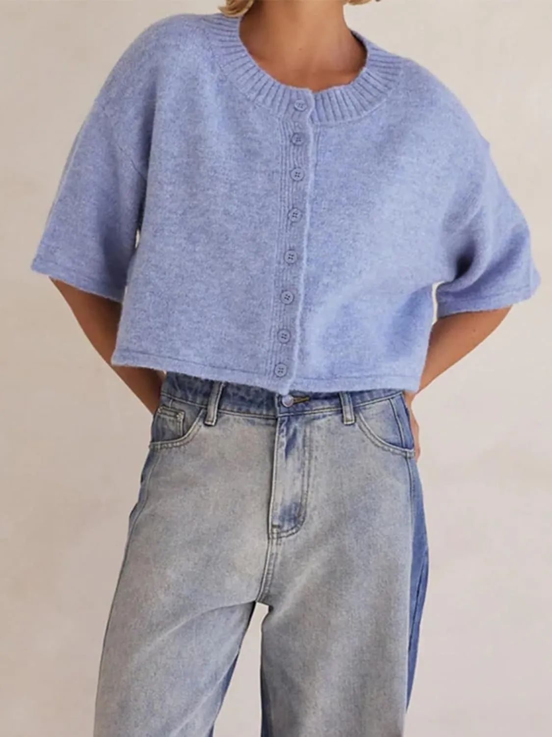 Women Y2k Knitted Crop Cardigan Short Sleeve Button Up Ribbed Knit Sweater Fall Winter Going Out Sweater