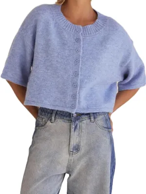 Women Y2k Knitted Crop Cardigan Short Sleeve Button Up Ribbed Knit Sweater Fall Winter Going Out Sweater