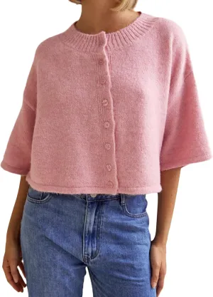 Women Y2k Knitted Crop Cardigan Short Sleeve Button Up Ribbed Knit Sweater Fall Winter Going Out Sweater