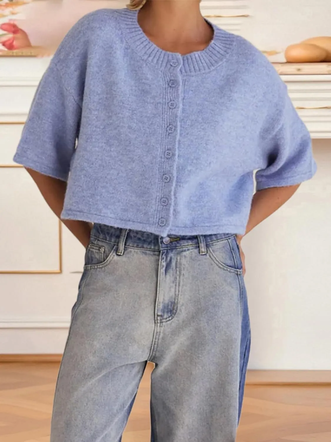 Women Y2k Knitted Crop Cardigan Short Sleeve Button Up Ribbed Knit Sweater Fall Winter Going Out Sweater