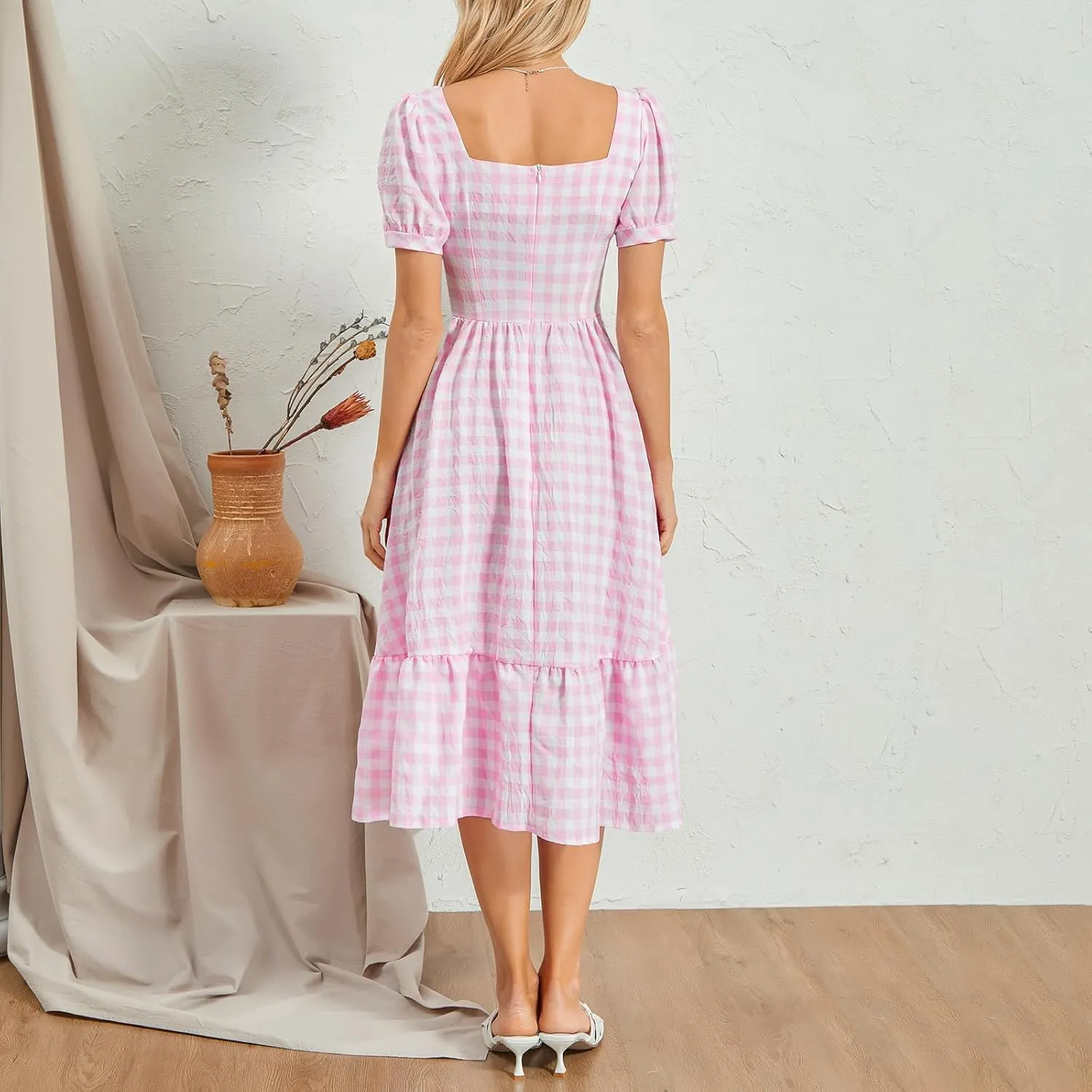 Women Y2k Summer Midi Dresses Elegant Square Neck Plaid A Line Dress Casual Flowy Going Out Dress for Vacation