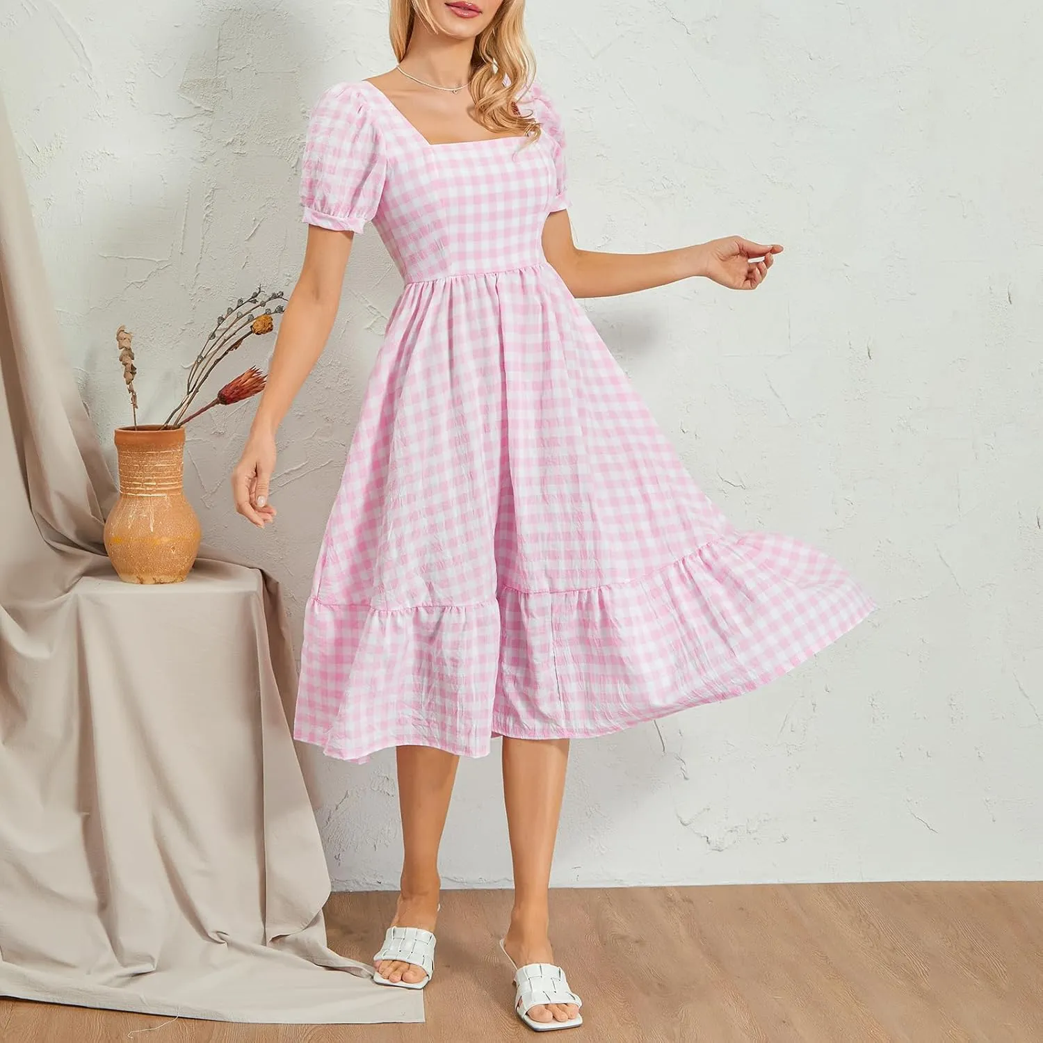 Women Y2k Summer Midi Dresses Elegant Square Neck Plaid A Line Dress Casual Flowy Going Out Dress for Vacation
