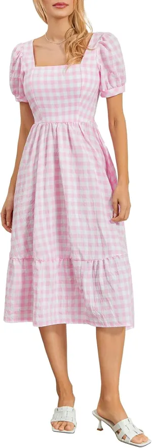 Women Y2k Summer Midi Dresses Elegant Square Neck Plaid A Line Dress Casual Flowy Going Out Dress for Vacation