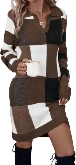 Women's 2025 Summer Brown V-Neck Long Sleeve Midi Dresses Stylish Print A Line Slim Fit Workplace Knit Shirt Dress