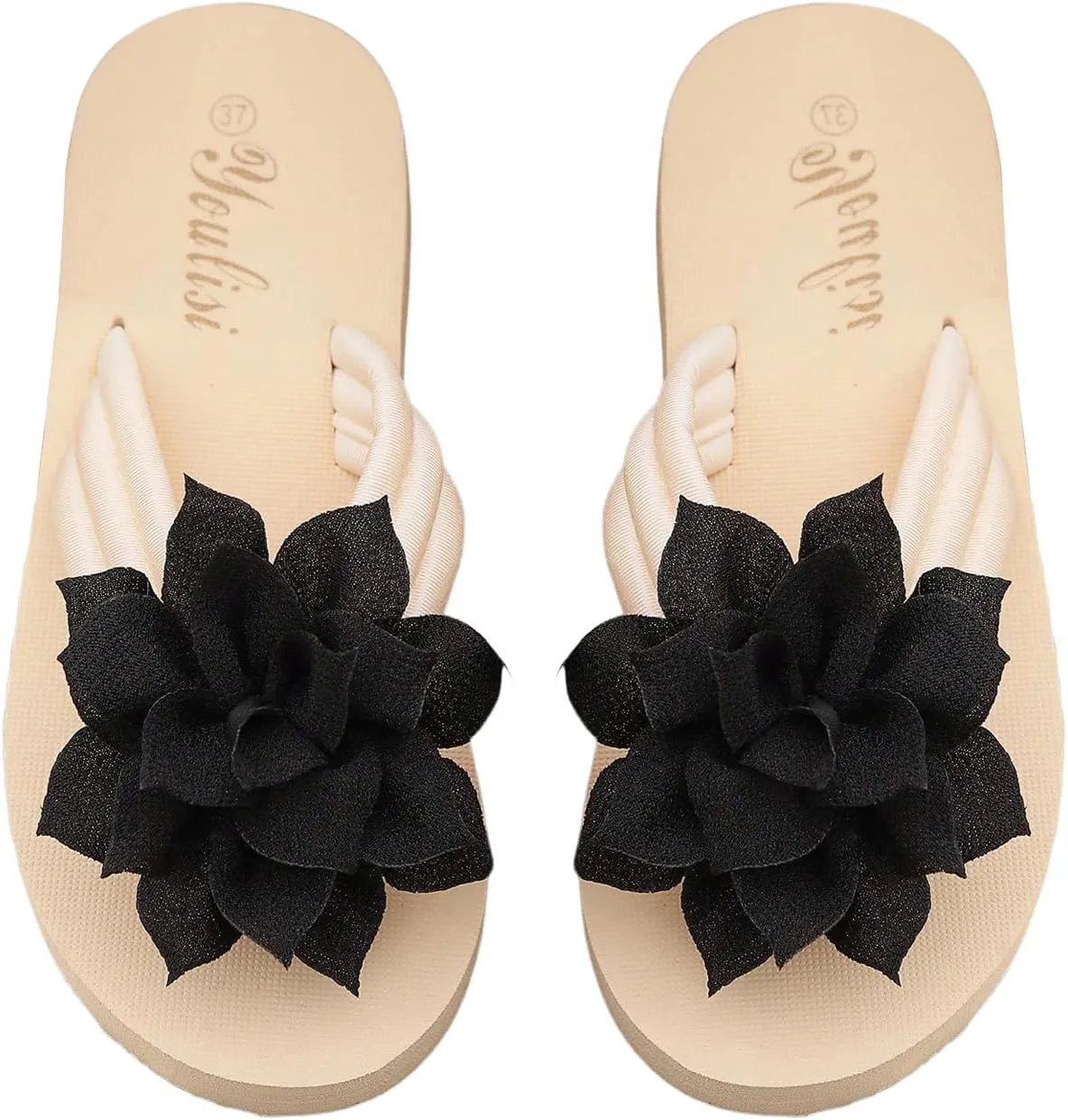 Women's 3D Floral Flip Flops Elegant Appliques Beach Thongs Sandals Summer Flats Shoes