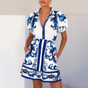 Women’s A-Line Dress Set – Linen Fabric – Puff Sleeve Top – Mini Skirt with Pockets