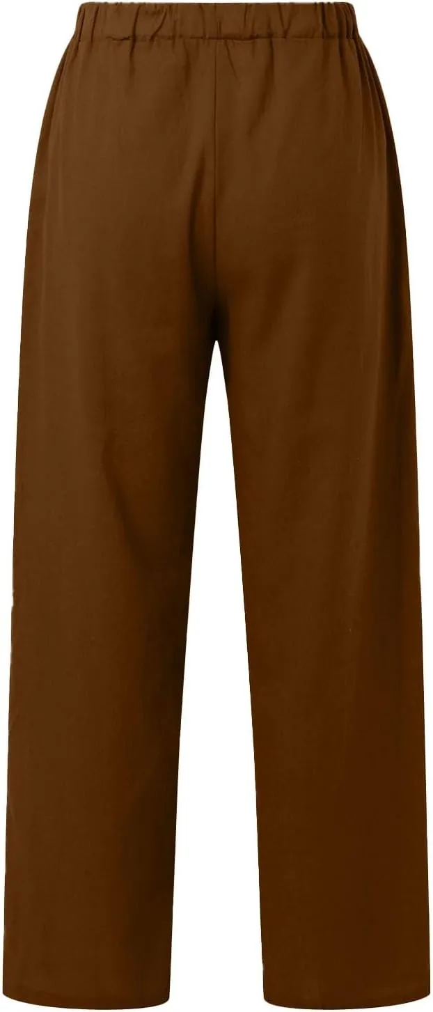 Womens Baggy Linen Pants Summer Boho Lightweight High Waist Palazzo Pants Loose Comfy Straight Leg Pants with Pockets
