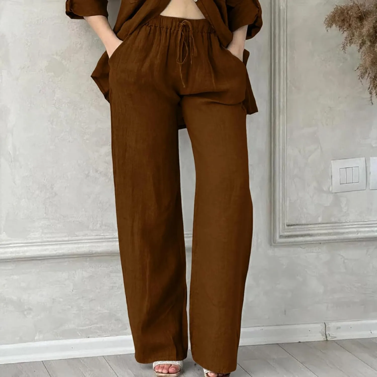 Womens Baggy Linen Pants Summer Boho Lightweight High Waist Palazzo Pants Loose Comfy Straight Leg Pants with Pockets
