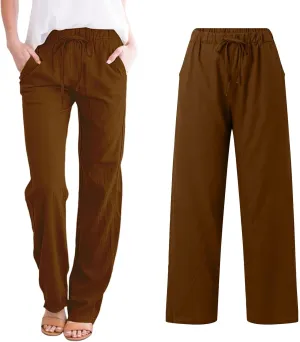 Womens Baggy Linen Pants Summer Boho Lightweight High Waist Palazzo Pants Loose Comfy Straight Leg Pants with Pockets