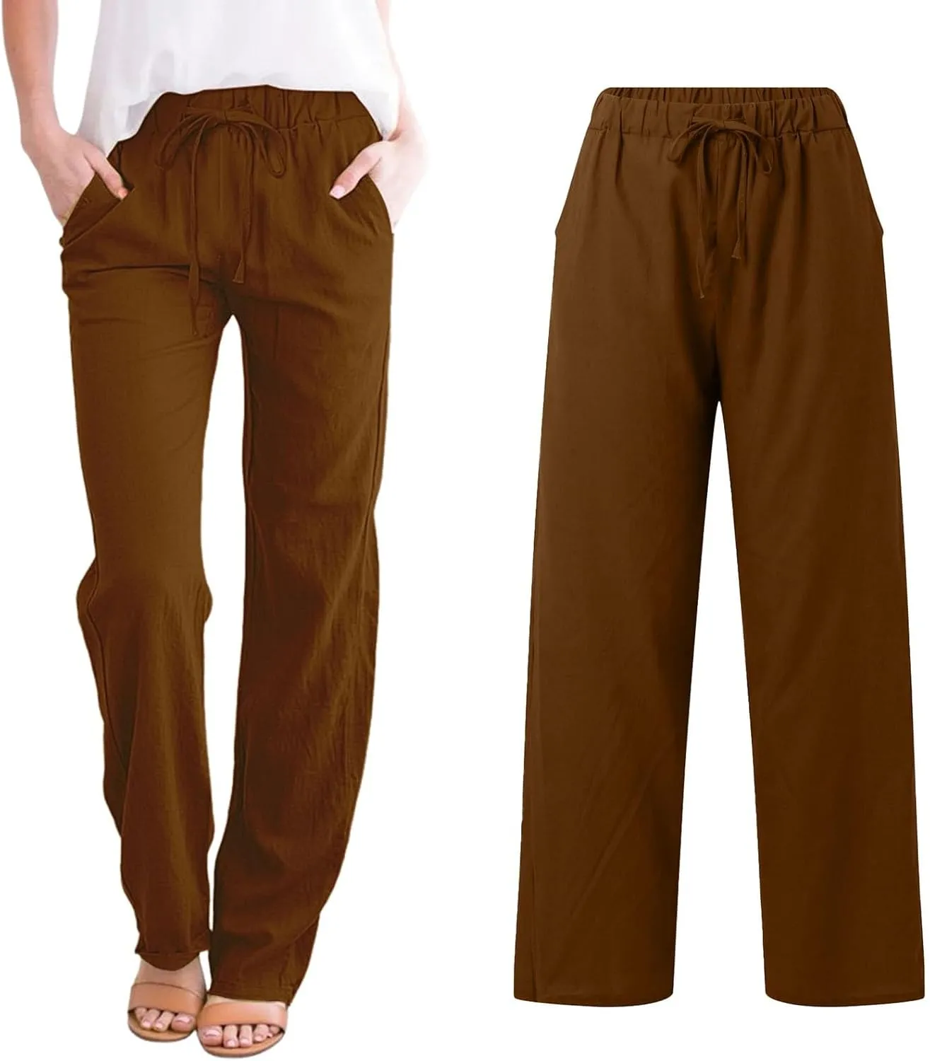 Womens Baggy Linen Pants Summer Boho Lightweight High Waist Palazzo Pants Loose Comfy Straight Leg Pants with Pockets