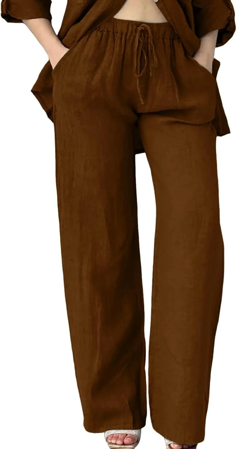 Womens Baggy Linen Pants Summer Boho Lightweight High Waist Palazzo Pants Loose Comfy Straight Leg Pants with Pockets