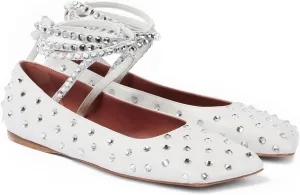 Women's Ballet Flats Ankle Strap Ballerina Flats Rhinestone Lace Up Square Toe Gliter Loafers Dressy Casual Flats for Wedding Party