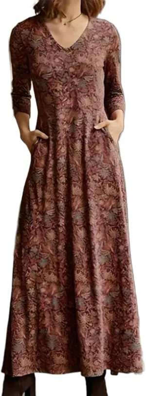 Womens Boho Floral Printed V Neck Dress Long Sleeves High Waist A Line Pleated Flowy Maxi Dress with Pockets