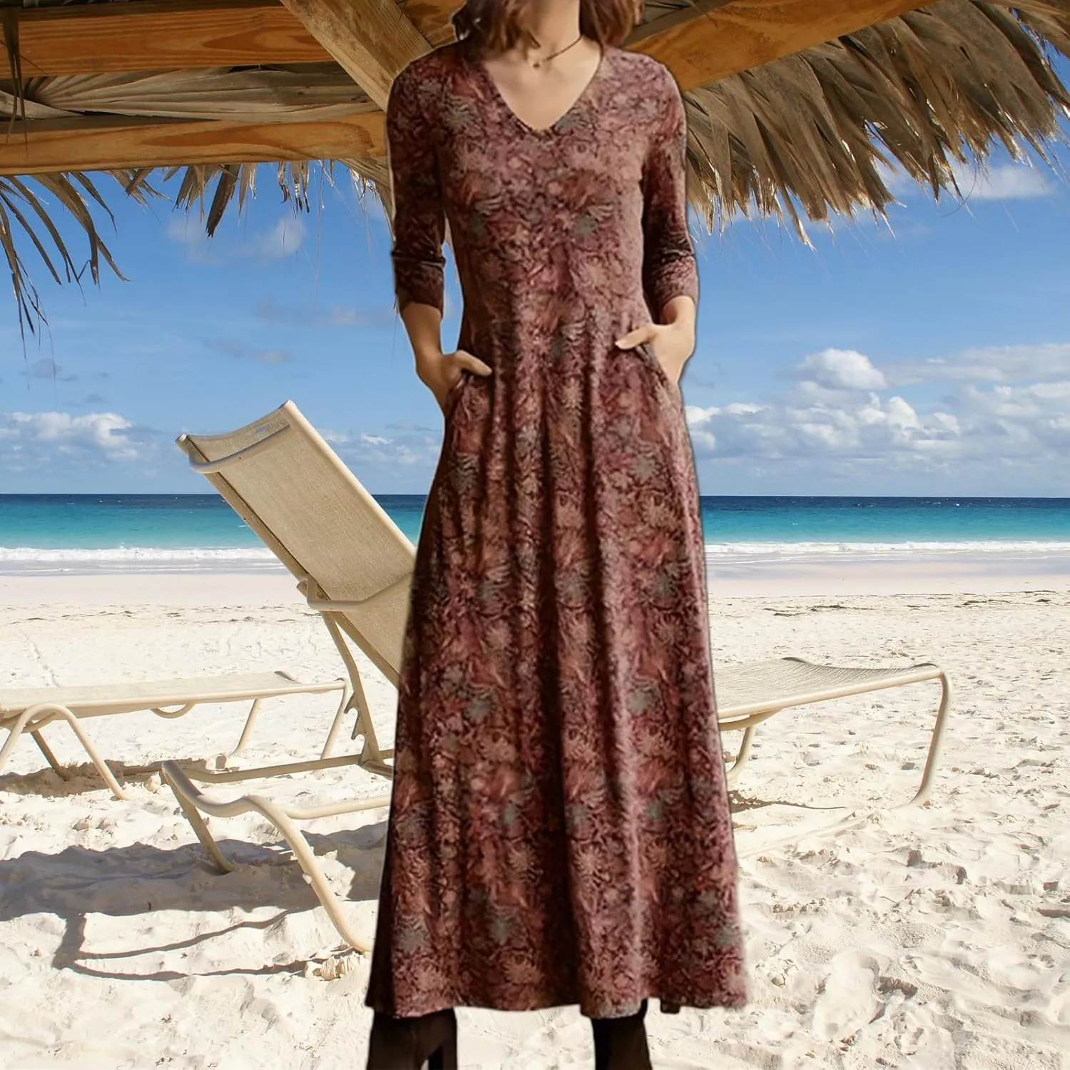 Womens Boho Floral Printed V Neck Dress Long Sleeves High Waist A Line Pleated Flowy Maxi Dress with Pockets