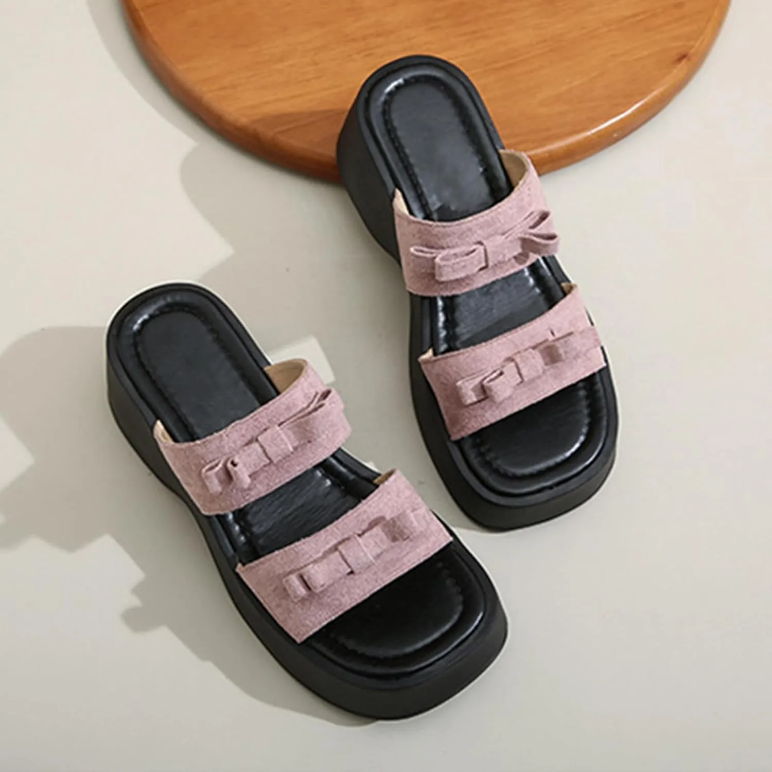 Women's Bow Platform Block Heel Slides Sandals Open Square Toe Lightweight Non Slip Fashion Slip On Shoes Beach Party Vacation Slides