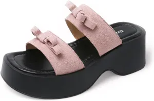 Women's Bow Platform Block Heel Slides Sandals Open Square Toe Lightweight Non Slip Fashion Slip On Shoes Beach Party Vacation Slides