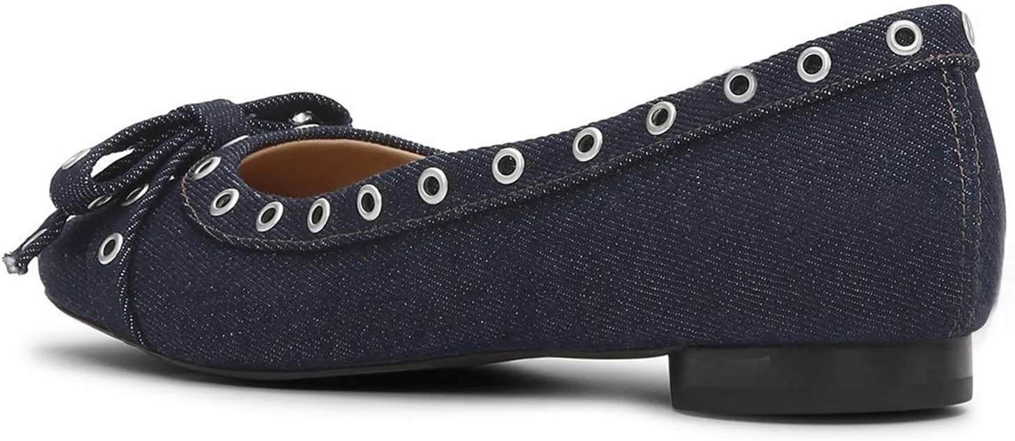 Womens Bows Slip On Ballet Flats, Leather Comfortable Closed Square Toe Perforated Studded Shoe for Dressy Work Casual