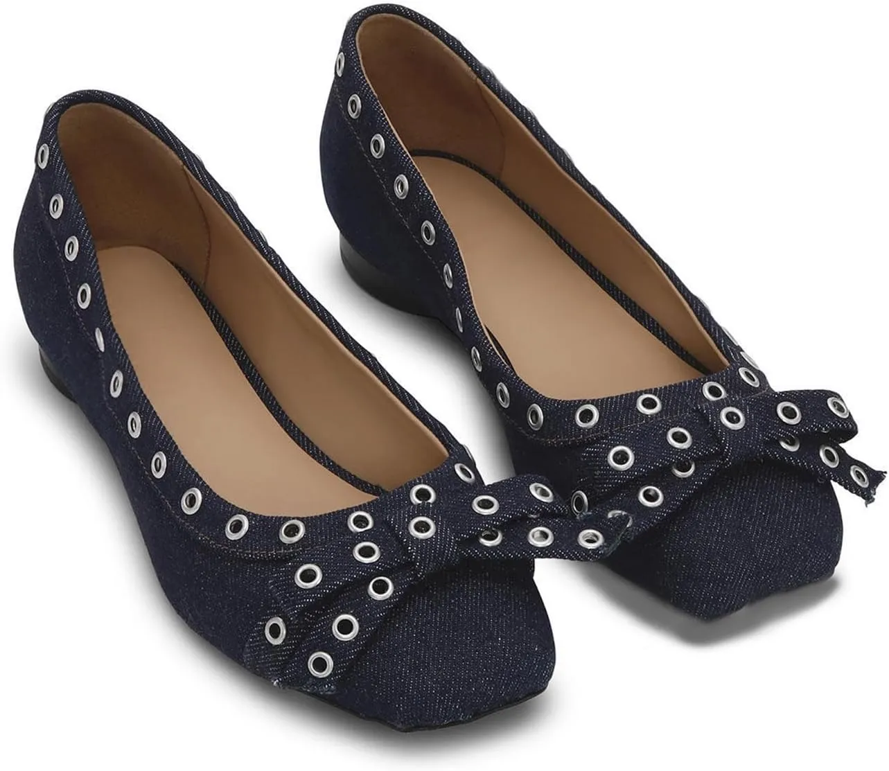 Womens Bows Slip On Ballet Flats, Leather Comfortable Closed Square Toe Perforated Studded Shoe for Dressy Work Casual