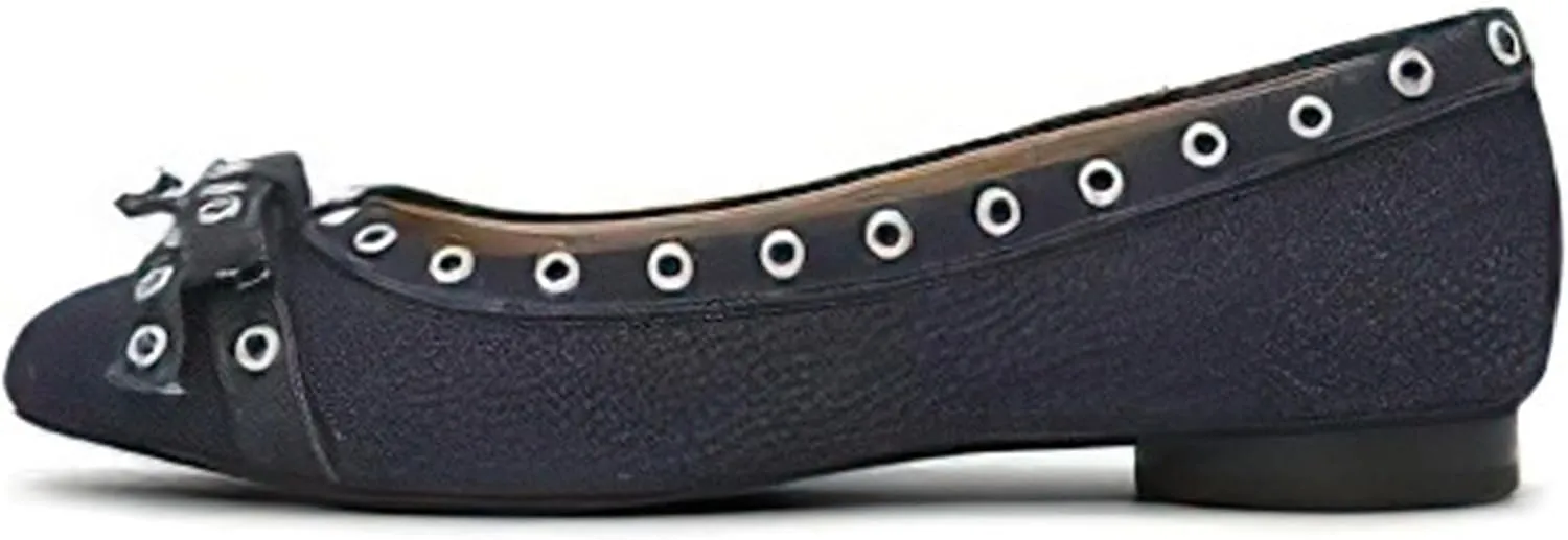 Womens Bows Slip On Ballet Flats, Leather Comfortable Closed Square Toe Perforated Studded Shoe for Dressy Work Casual