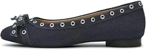 Womens Bows Slip On Ballet Flats, Leather Comfortable Closed Square Toe Perforated Studded Shoe for Dressy Work Casual