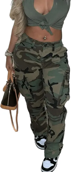 Womens Camo Cargo High Waist Pants Camouflage Military Elastic Trousers with Pockets