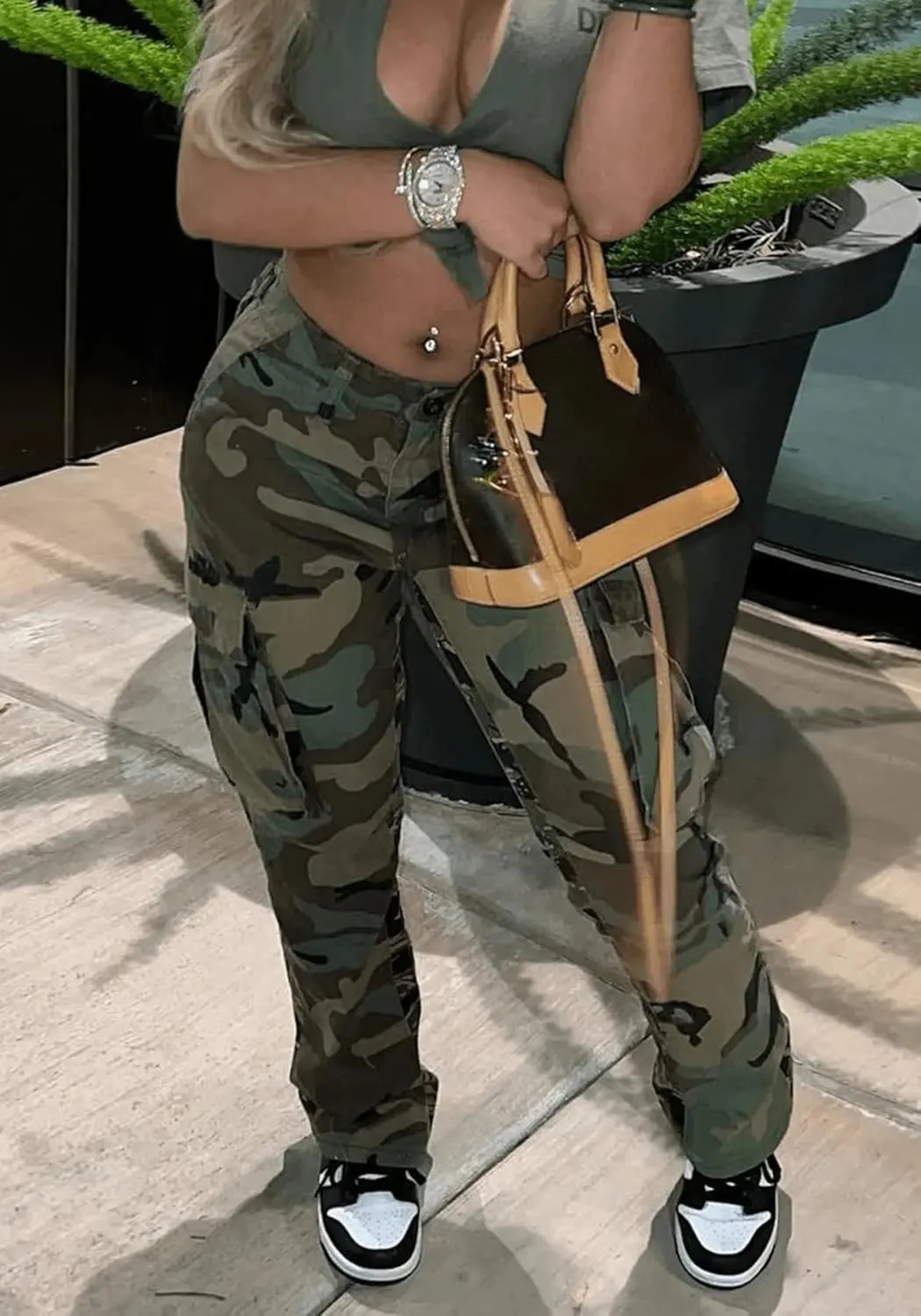 Womens Camo Cargo High Waist Pants Camouflage Military Elastic Trousers with Pockets