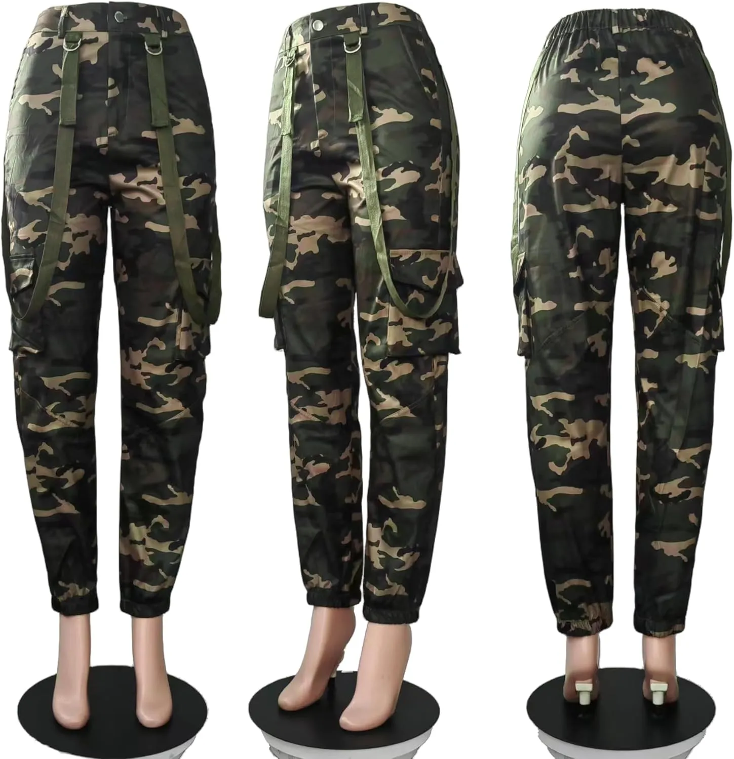 Womens Camo Cargo High Waist Pants Camouflage Military Elastic Trousers with Pockets