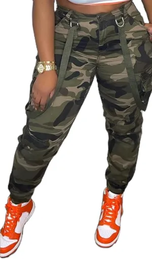 Womens Camo Cargo High Waist Pants Camouflage Military Elastic Trousers with Pockets