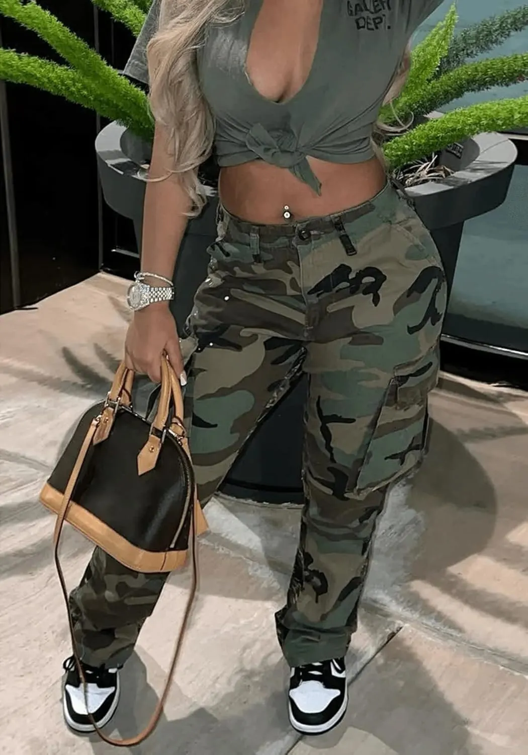 Womens Camo Cargo High Waist Pants Camouflage Military Elastic Trousers with Pockets