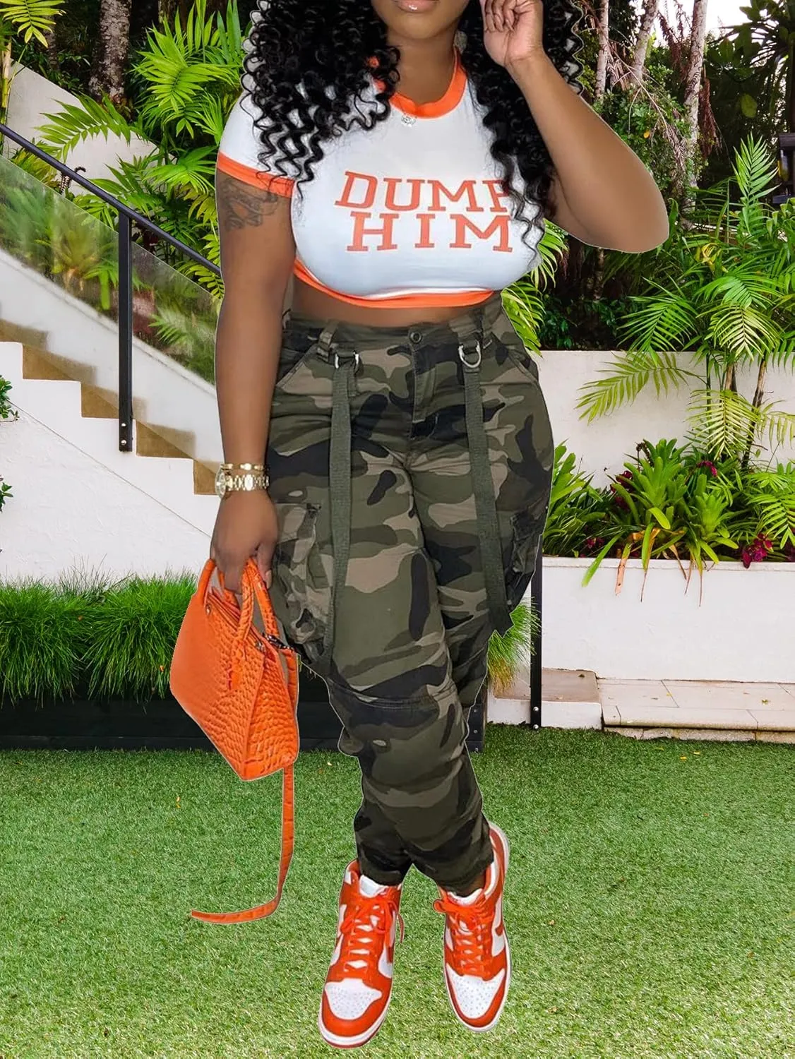 Womens Camo Cargo High Waist Pants Camouflage Military Elastic Trousers with Pockets