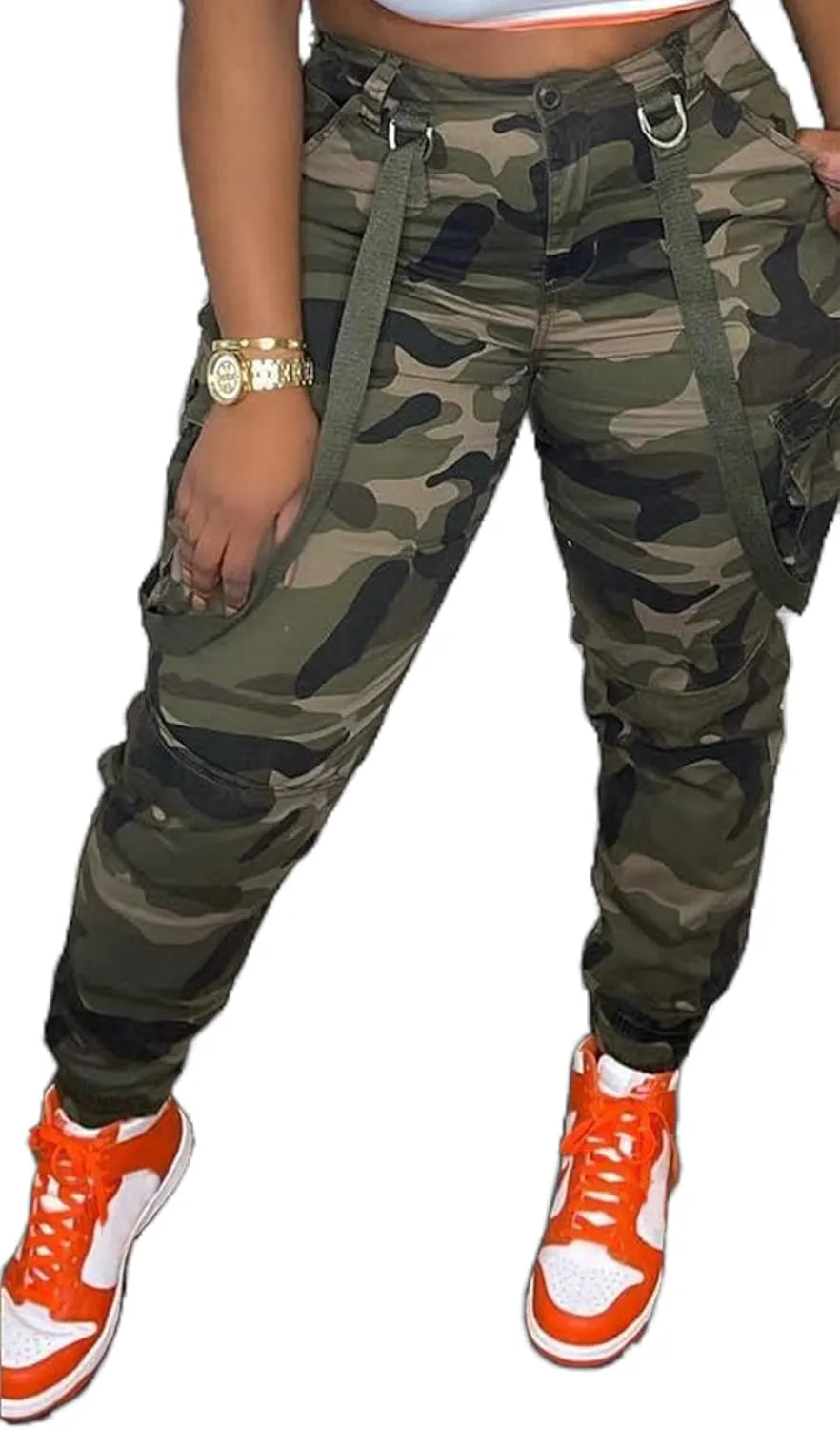 Womens Camo Cargo High Waist Pants Camouflage Military Elastic Trousers with Pockets