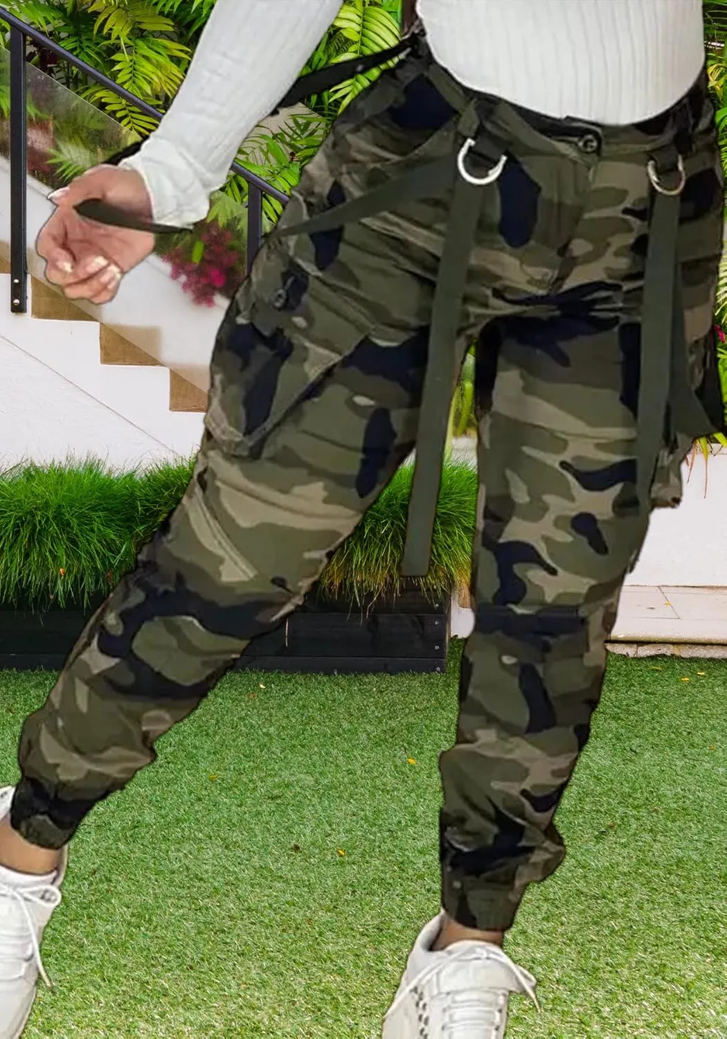Womens Camo Cargo High Waist Pants Camouflage Military Elastic Trousers with Pockets