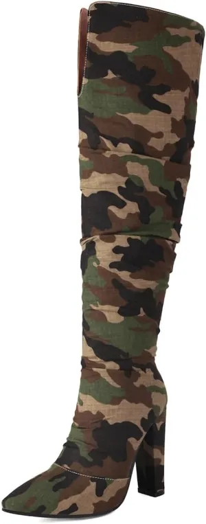 Women's Camo Knee High Boots Pointed Toe Block Heel Denim Long Boots Stud Multiple Pockets Tall Boots